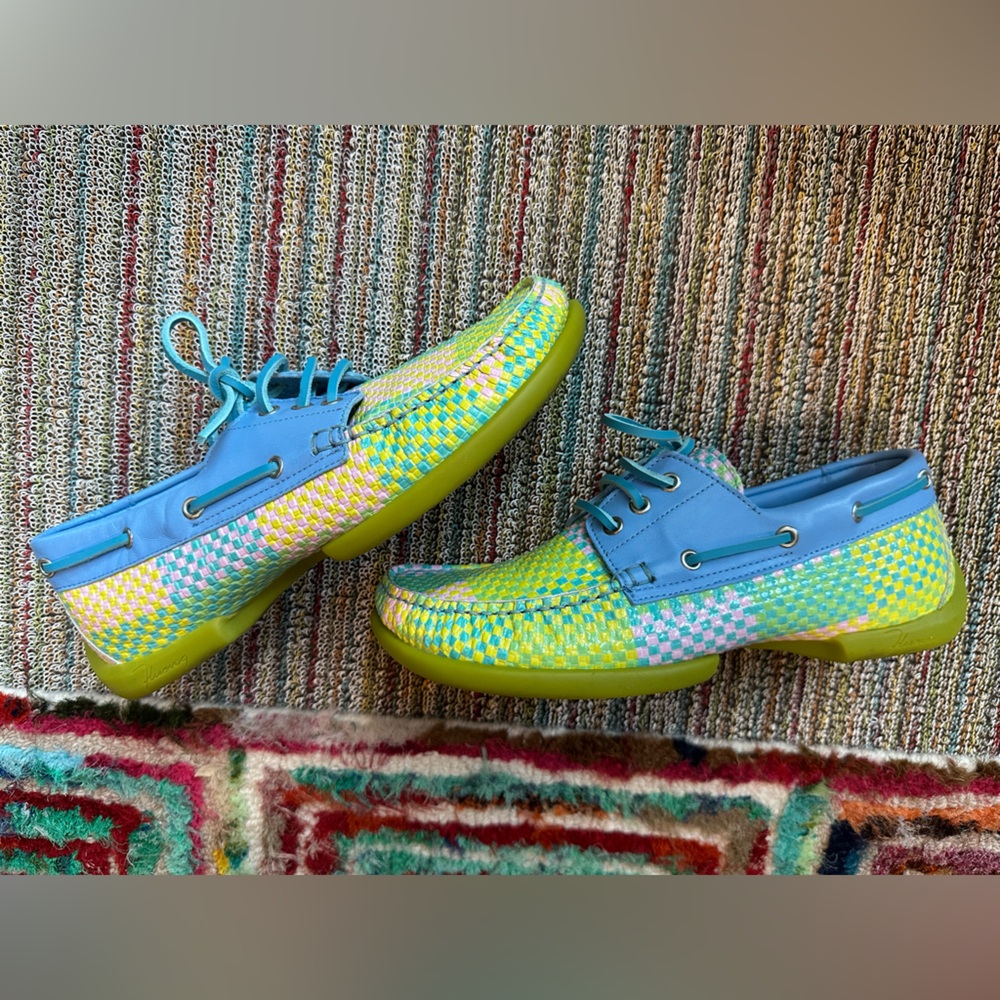 Fluevog LIKE NEW Peacemaker Sailor Swift multi-weave blue loafer boat shoe -9 - Picture 10 of 16